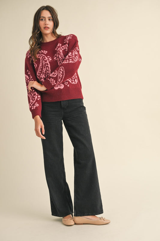 Burgundy Paisley Knit Sweater