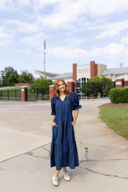 Navy Puff Sleeve Maxi Dress