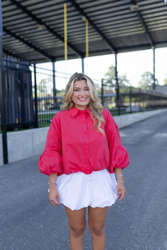 Berry Red Balloon Sleeve Blouse