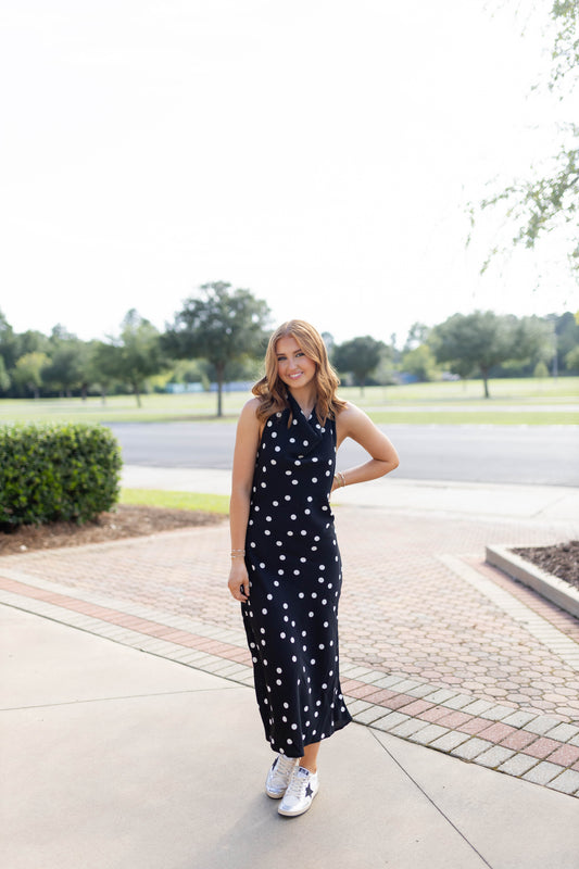 Polka Dot Cowl Neck Midi Dress