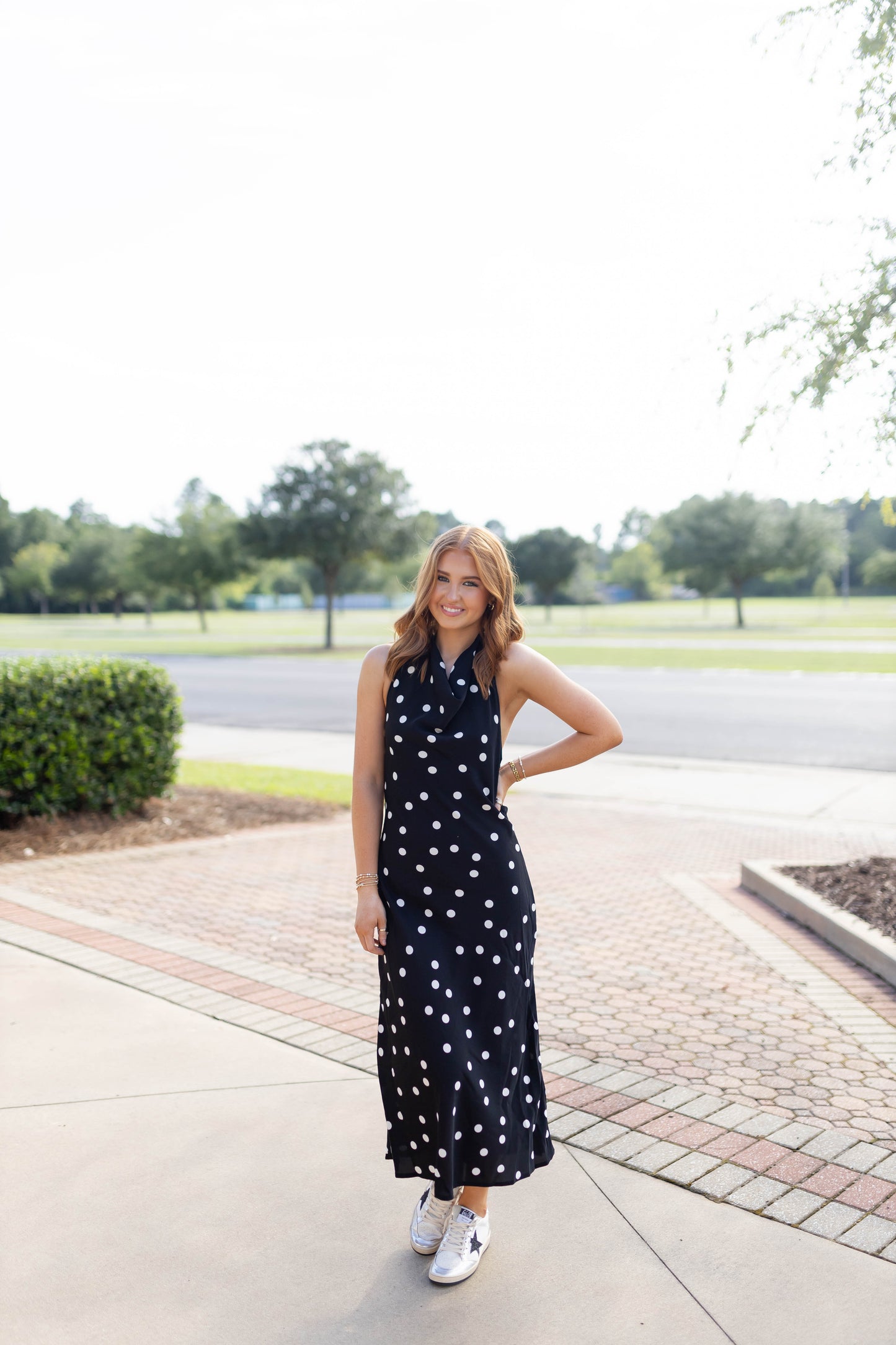 Polka Dot Cowl Neck Midi Dress