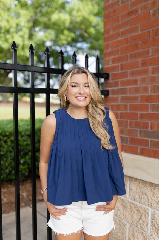 Navy Pleated Top