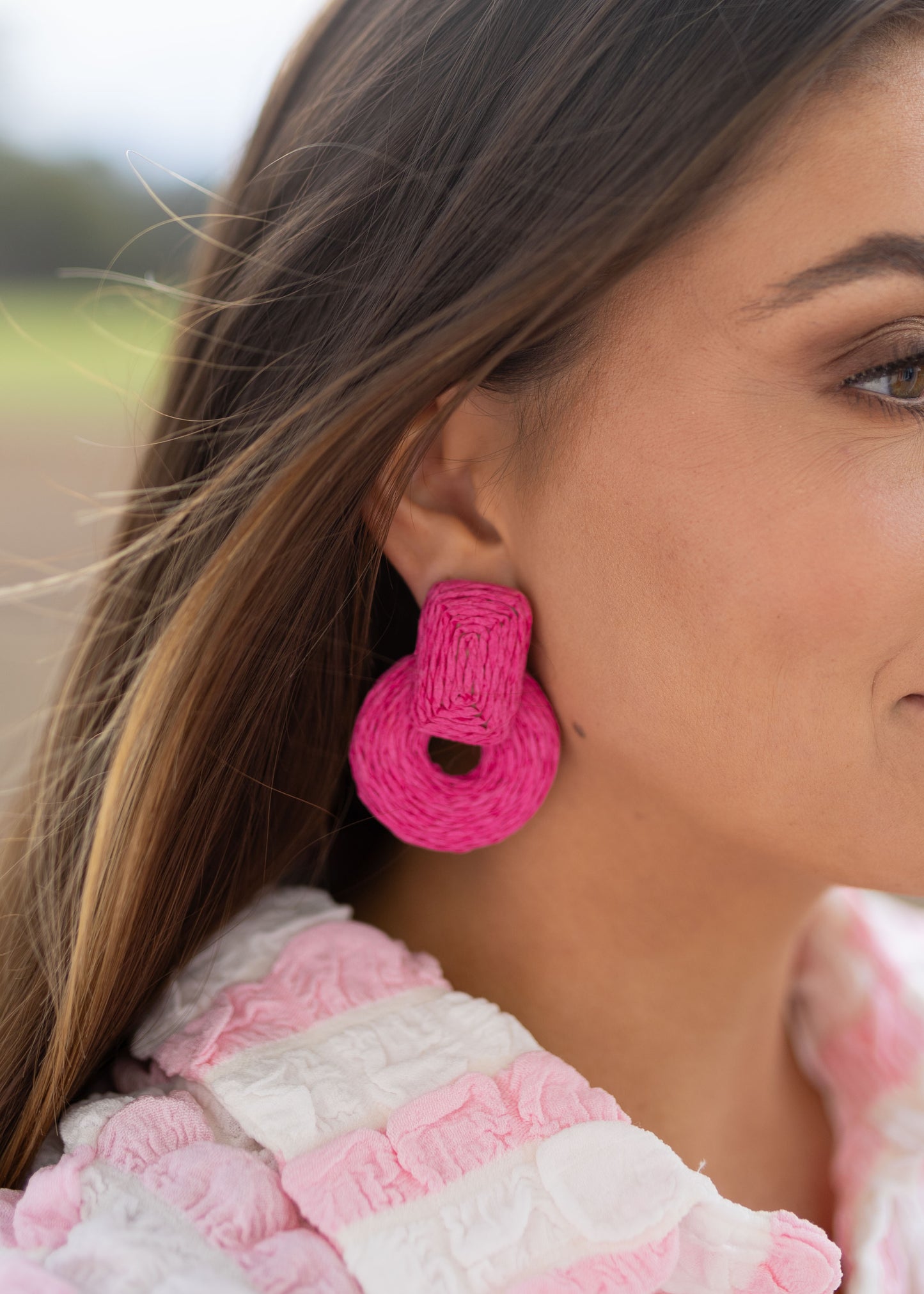 Pink Raffia Doornocker Earrings