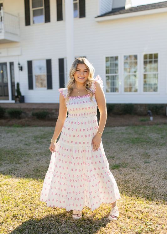 Ivory Smocked Floral Tiered Midi Dress