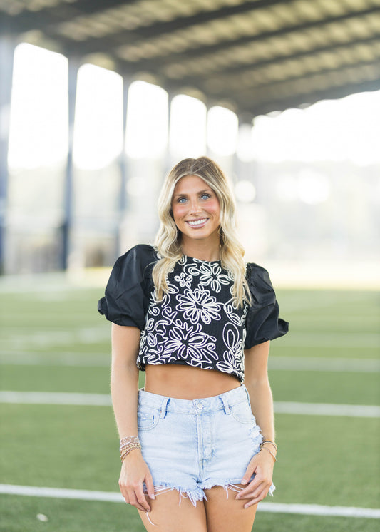 Black Embroidered Cropped Blouse