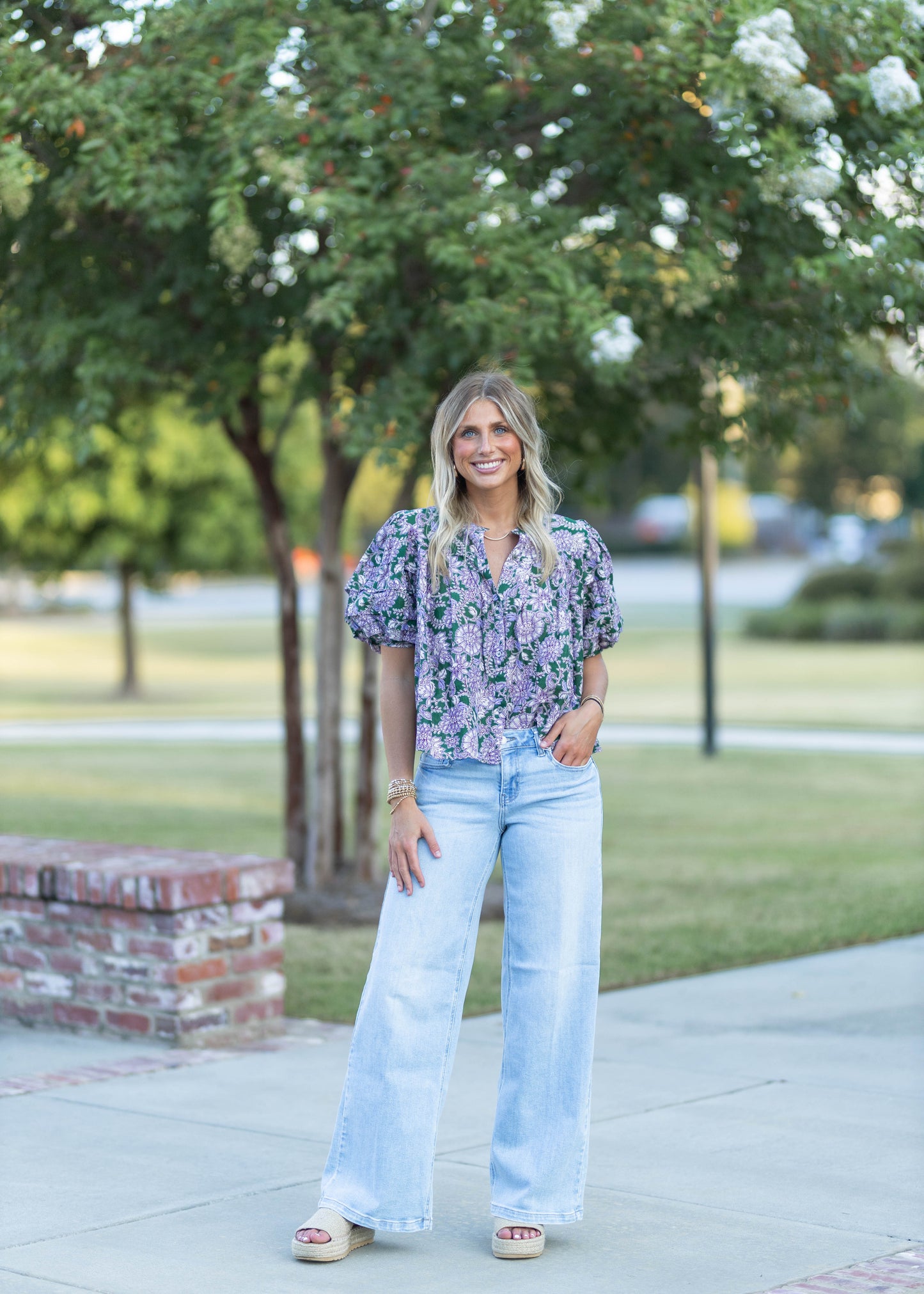 Forest Floral Puff Sleeve Blouse