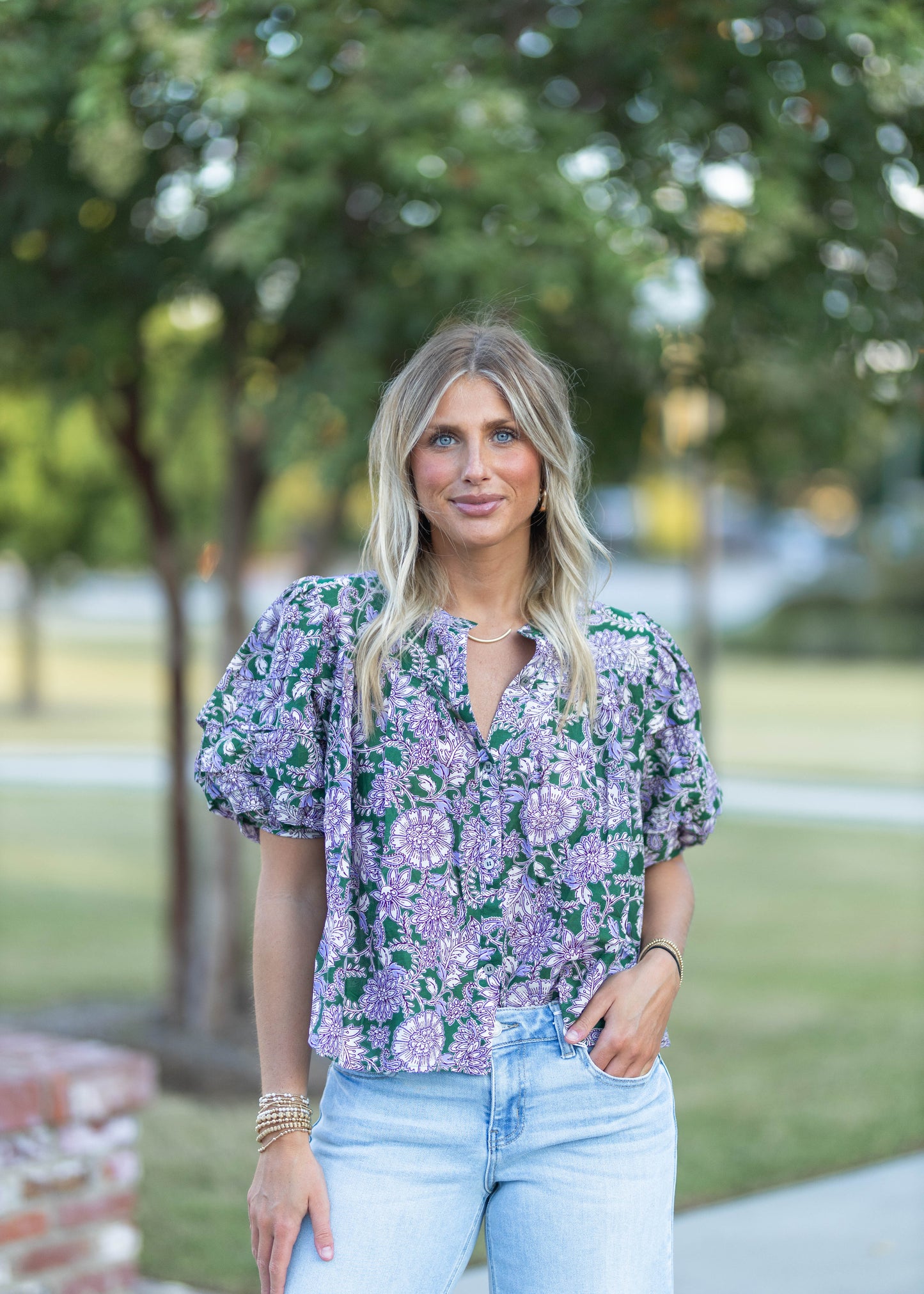 Forest Floral Puff Sleeve Blouse